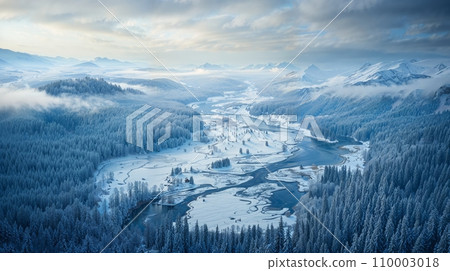 Aerial view capturing the expanse of a winter wonderland, with snow-covered hills, meandering rivers, and forests, the landscape resembling a delicate and intricate snow globe Aerial view capturing the expanse of a winter wonderland, with snow-covered hills, meandering rivers, and forests, the landscape resembling a delicate and intricate snow globe 110003018