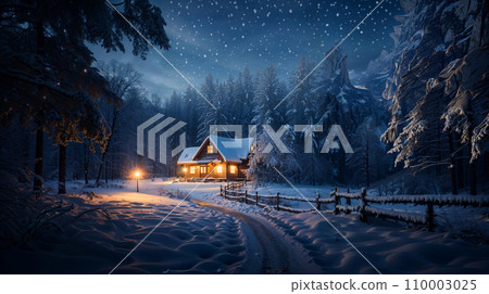 Magical winter wonderland scene, featuring a snow-covered forest with twinkling fairy lights, a cozy cabin in the distance, and gentle snowflakes falling, creating an enchanting and serene landscape Magical winter wonderland scene, featuring a snow-covered forest with twinkling fairy lights, a cozy cabin in the distance, and gentle snowflakes falling, creating an enchanting and serene landscape 110003025