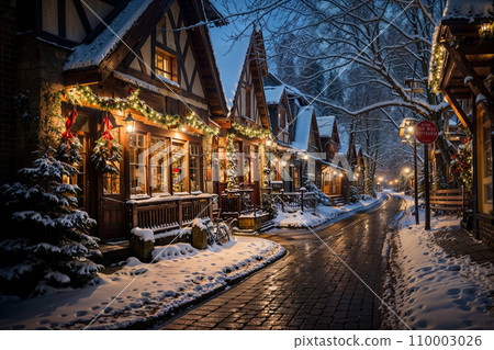 Nighttime in winter wonderland village, houses adorned with Christmas lights and decorations, snow-covered streets bustling with holiday shoppers Nighttime in winter wonderland village, houses adorned with Christmas lights and decorations, snow-covered streets bustling with holiday shoppers 110003026