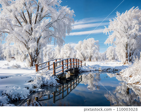 A picturesque winter wonderland, with a frozen lake reflecting the icy blue sky, surrounded by snow-draped trees and a small wooden bridge A picturesque winter wonderland, with a frozen lake reflecting the icy blue sky, surrounded by snow-draped trees and a small wooden bridge 110003028
