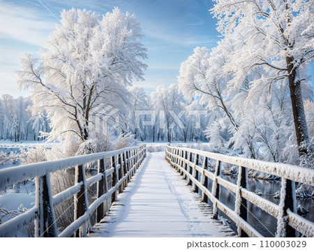 A picturesque winter wonderland, with a frozen lake reflecting the icy blue sky, surrounded by snow-draped trees and a small wooden bridge A picturesque winter wonderland, with a frozen lake reflecting the icy blue sky, surrounded by snow-draped trees and a small wooden bridge 110003029