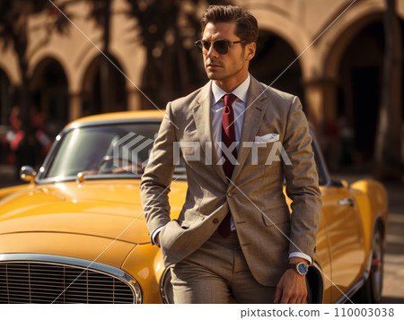 A suave man dressed in a vintage-style outfit, standing beside a classic luxury car, an air of nostalgia and refinement in the setting 110003038