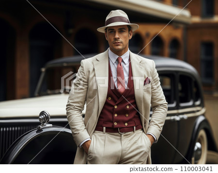 A suave man dressed in a vintage-style outfit, standing beside a classic luxury car, an air of nostalgia and refinement in the setting A suave man dressed in a vintage-style outfit, standing beside a classic luxury car, an air of nostalgia and refinement in the setting 110003041