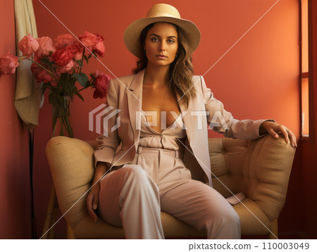 Sophisticated photo of a model in high-end fashion, seated gracefully, her shadow extending elegantly on the empty pastel background Sophisticated photo of a model in high-end fashion, seated gracefully, her shadow extending elegantly on the empty pastel background 110003049