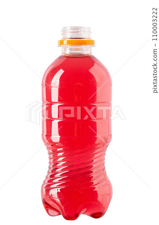 Plastic bottle of red sweet water isolated on white background. File contains clipping path. 110003222
