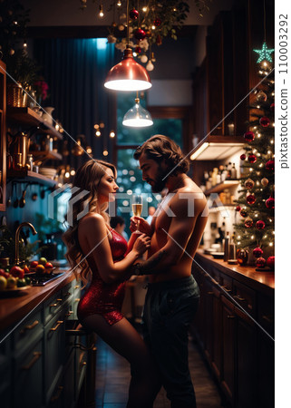 Intimate couple in a festive kitchen, with a Christmas tree and lights. Man shirtless, woman in bra, close by counter with fruit bowl. Cozy, affectionate atmosphere. Intimate couple in a festive kitchen, with a Christmas tree and lights. Man shirtless, woman in bra, close by counter with fruit bowl. Cozy, affectionate atmosphere. 110003292