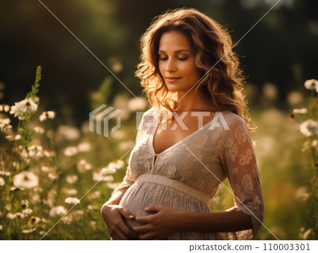 Tender young pregnant woman standing in a sunlit field, gently cradling her belly, a look of joy and anticipation on her face, surrounded by wildflowers 110003301