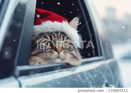 A joyfully ecstatic cat wearing a festive Santa Claus hat, sticking its head out of a moving car window, clearly reveling in the pure bliss of the moment. A joyfully ecstatic cat wearing a festive Santa Claus hat, sticking its head out of a moving car window, clearly reveling in the pure bliss of the moment. 110003311