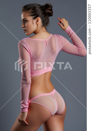 sexy russian lingerie Provocative young woman posing in pink sweater... - Stock Illustration  [110003357]