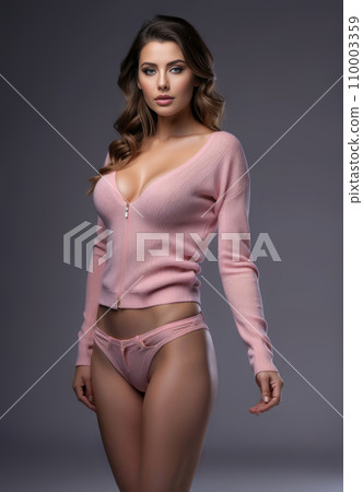 Provocative young woman posing in pink sweater and sexy pink lingerie on studio gray background. Slender figure and abdomen partially revealed. Provocative young woman posing in pink sweater and sexy pink lingerie on studio gray background. Slender figure and abdomen partially revealed. 110003359