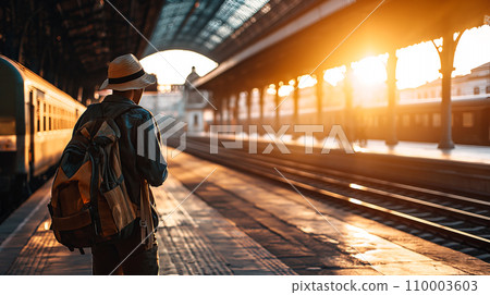 Traveler in Summer Attire Waiting at Train Station, Vacation Adventure 110003603