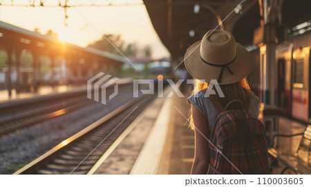 Traveler in Summer Attire Waiting at Train Station, Vacation Adventure 110003605