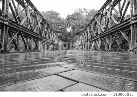 Old truss bridge over Sazava River. Black and white image. 110003853