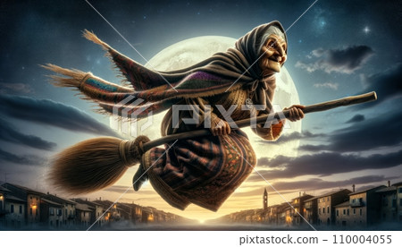 A photo realistic Befana flying on a broomstick at 5 january night, with houses below. Befana is wearing a scarf and shawl, Italian folklore, depicted in her traditional role of delivering gifts. A photo realistic Befana flying on a broomstick at 5 january night, with houses below. Befana is wearing a scarf and shawl, Italian folklore, depicted in her traditional role of delivering gifts. 110004055