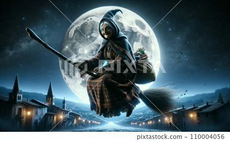 A photo realistic Befana flying on a broomstick at 5 january night, with houses below. Befana is wearing a scarf and shawl, Italian folklore, depicted in her traditional role of delivering gifts. A photo realistic Befana flying on a broomstick at 5 january night, with houses below. Befana is wearing a scarf and shawl, Italian folklore, depicted in her traditional role of delivering gifts. 110004056