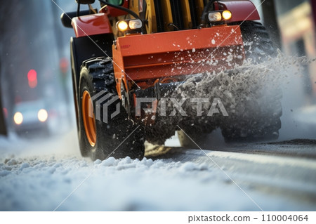 Close-up of a snowplow in action on a city street, capturing the essence of winter maintenance work Close-up of a snowplow in action on a city street, capturing the essence of winter maintenance work 110004064