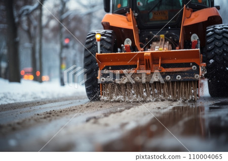 Close-up of a snowplow in action on a city street, capturing the essence of winter maintenance work 110004065
