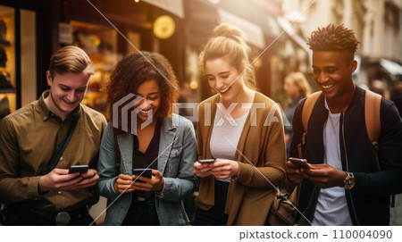 A diverse group of people using AI-powered technology translation apps to communicate 110004090