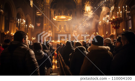 An Orthodox church during New Year's Eve, with parishioners attending a midnight service, the church's intricate architecture highlighted by soft lighting An Orthodox church during New Year's Eve, with parishioners attending a midnight service, the church's intricate architecture highlighted by soft lighting 110004100