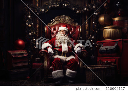 Santa Claus in red suit and white beard sits on red leather throne, surrounded by Christmas ornaments and gifts. Festive atmosphere and holiday theme portrayed, reinforcing Christmas spirit. 110004117