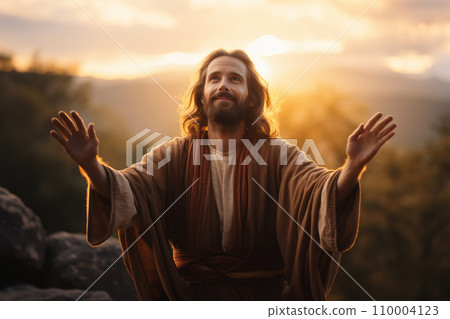 Jesus Christ with outstretched hands, a compassionate expression, set against a backdrop of a golden sunrise, symbolizing hope and redemption Jesus Christ with outstretched hands, a compassionate expression, set against a backdrop of a golden sunrise, symbolizing hope and redemption 110004123