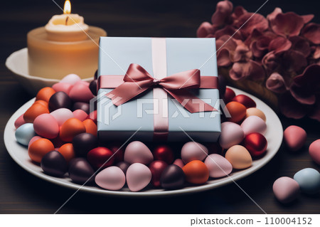 A wrapped Valentine's Day gift and small multicolor heart-shaped chocolates. A wrapped Valentine's Day gift and small multicolor heart-shaped chocolates. 110004152
