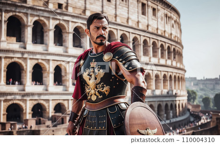 An Roman SPQR gladiator in authentic armor, holding a shield and sword, standing against a backdrop of the Colosseum, majestic and strong pose 110004310