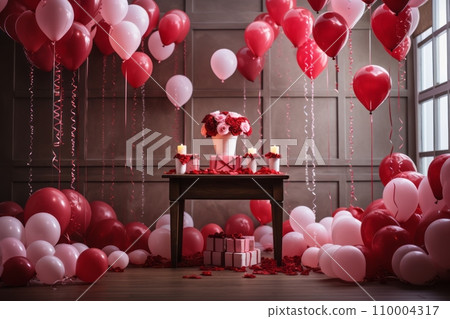 Valentine day themed room decorations, including heart-shaped balloons, garlands, and festive ornaments, inspiring the creation of a romantic ambiance. Valentine day themed room decorations, including heart-shaped balloons, garlands, and festive ornaments, inspiring the creation of a romantic ambiance. 110004317