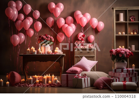 Valentine day themed room decorations, including heart-shaped balloons, garlands, and festive ornaments, inspiring the creation of a romantic ambiance. Valentine day themed room decorations, including heart-shaped balloons, garlands, and festive ornaments, inspiring the creation of a romantic ambiance. 110004318