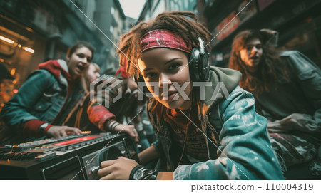 A group of young people in 80s urban style, gathered around a large boombox, graffiti art in the background, capturing the hip-hop and breakdancing culture A group of young people in 80s urban style, gathered around a large boombox, graffiti art in the background, capturing the hip-hop and breakdancing culture 110004319