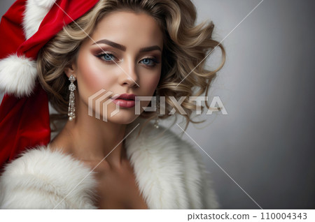 A seductive and vibrant Santa woman is displayed against a bokeh background. She exudes sensuality with her alluring attire, with her captivating gaze. A seductive and vibrant Santa woman is displayed against a bokeh background. She exudes sensuality with her alluring attire, with her captivating gaze. 110004343