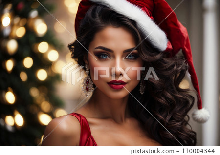 A seductive and vibrant Santa woman is displayed against a bokeh background. She exudes sensuality with her alluring attire, with her captivating gaze. 110004344