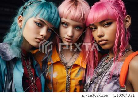 Three Gen Z models with vibrant pastel-colored hair and bold makeup showcase an eye-catching, featuring colorful hair, heavy eye makeup, and hand-painted designs on cheeks. Three Gen Z models with vibrant pastel-colored hair and bold makeup showcase an eye-catching, featuring colorful hair, heavy eye makeup, and hand-painted designs on cheeks. 110004351