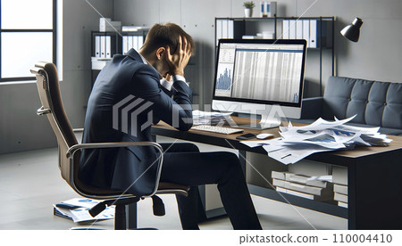 A businessman holding his head in agony. AI images. 110004410