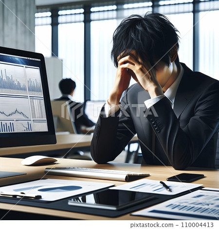 A businessman holding his head in agony. AI images. 110004413