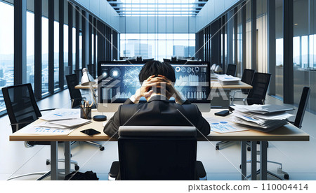 A businessman holding his head in agony. AI images. 110004414