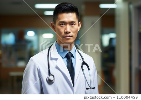 Portrait of a general practitioner in white special clothes with a stethoscope around his neck on a blurred background of a modern clinic, portrait of a specialist on World Health Day 110004459