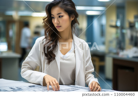 Nurse collecting research results on the table, preparing documents for the attending physician, medium shot portrait, world health day 110004460