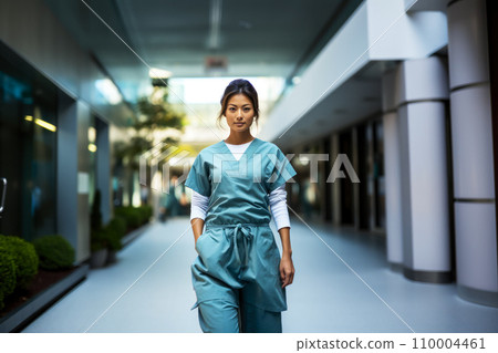 Portrait of a nurse walking along the passage between hospital buildings, design of modern hospitals and clinics 110004461