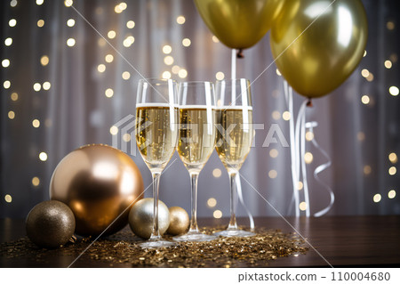 Three glasses of champagne on the wooden table with party ornament and balloons in white and gold colors, with beautiful light bokeh, Christmas and new year background. Generative AI Three glasses of champagne on the wooden table with party ornament and balloons in white and gold colors, with beautiful light bokeh, Christmas and new year background. Generative AI 110004680