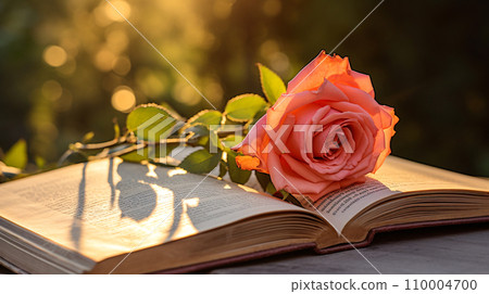 Beautiful pink rose on an open book with - Stock Illustration