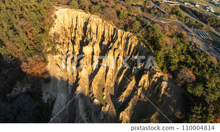 [Awa City, Tokushima Prefecture] Awa Earthen Pillar Hatodake [Aerial Photography] 110004814