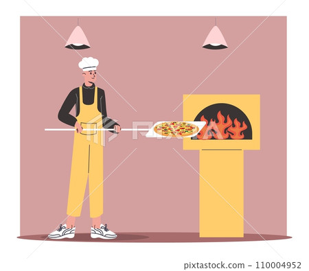 Young baker loads pizza into oven using wooden shovel. Italian food preparation. Pizzeria restaurant. Man cooking snacks for dinner. Cafe kitchen. Chef preparing pepperoni. Vector concept Young baker loads pizza into oven using wooden shovel. Italian food preparation. Pizzeria restaurant. Man cooking snacks for dinner. Cafe kitchen. Chef preparing pepperoni. Vector concept 110004952