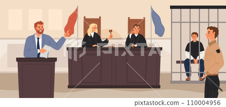 Trial in courtroom. Prosecutor giving speech. Judges at wooden rostrum. Sad defendant is behind bars. Security guard and attorney. Jurors and lawyers. Garish vector judgement concept 110004956