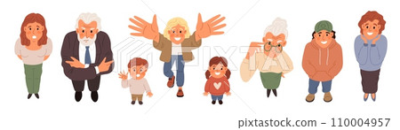 Top view people. Persons looking up. Men and women raised heads. Surprised characters standing at bottom. Girls or guys look at sky. Positive expression. Upset face. Garish vector set Top view people. Persons looking up. Men and women raised heads. Surprised characters standing at bottom. Girls or guys look at sky. Positive expression. Upset face. Garish vector set 110004957