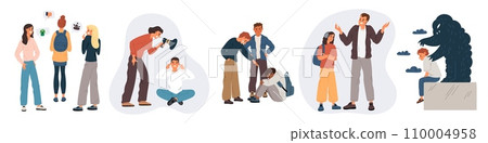 Teenage stress. Depressed teens. Unhappy sad students. Problems with parents and peers. Transitional age. Adolescent bullying. Fears and quarrels. Upset young people. Garish vector set 110004958