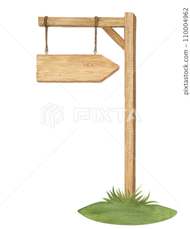 Watercolor illustration of wood sign holder, wooden arrow-shaped plank or direction pointer signpost on grass isolated. Handmade. Watercolor illustration of wood sign holder, wooden arrow-shaped plank or direction pointer signpost on grass isolated. Handmade. 110004962