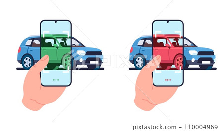 Scan vehicle using mobile app on smartphone. Troubleshooting phone application. Transport monitoring service. Rejected or approved auto registration. Automobile check. Vector concept 110004969