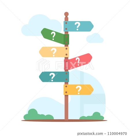 Road pointer stick with signs of different directions. Question marks. Way pointing. Confusion or making decision. Path choosing. Uncertainty turning. Solution selecting. Vector concept 110004970