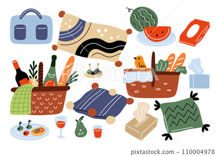 Picnic elements. Wicker basket with food for outdoor dinner. Pillow and blanket. Sweet watermelon. Wine bottle. Fruits and snacks. Olives and cheese. Vector park lunch meal objects set Picnic elements. Wicker basket with food for outdoor dinner. Pillow and blanket. Sweet watermelon. Wine bottle. Fruits and snacks. Olives and cheese. Vector park lunch meal objects set 110004978